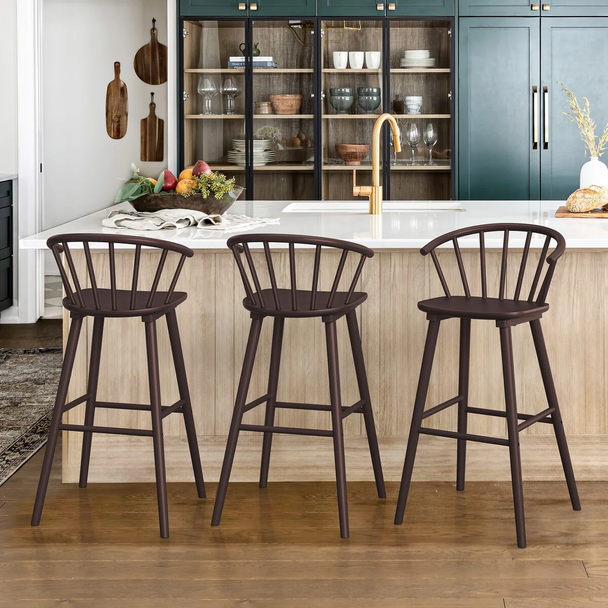 Set of 3 Counter Height 30.in Bar Stools with Spindle Back and Solid Wood Frame Chairs for for Kitchen Island