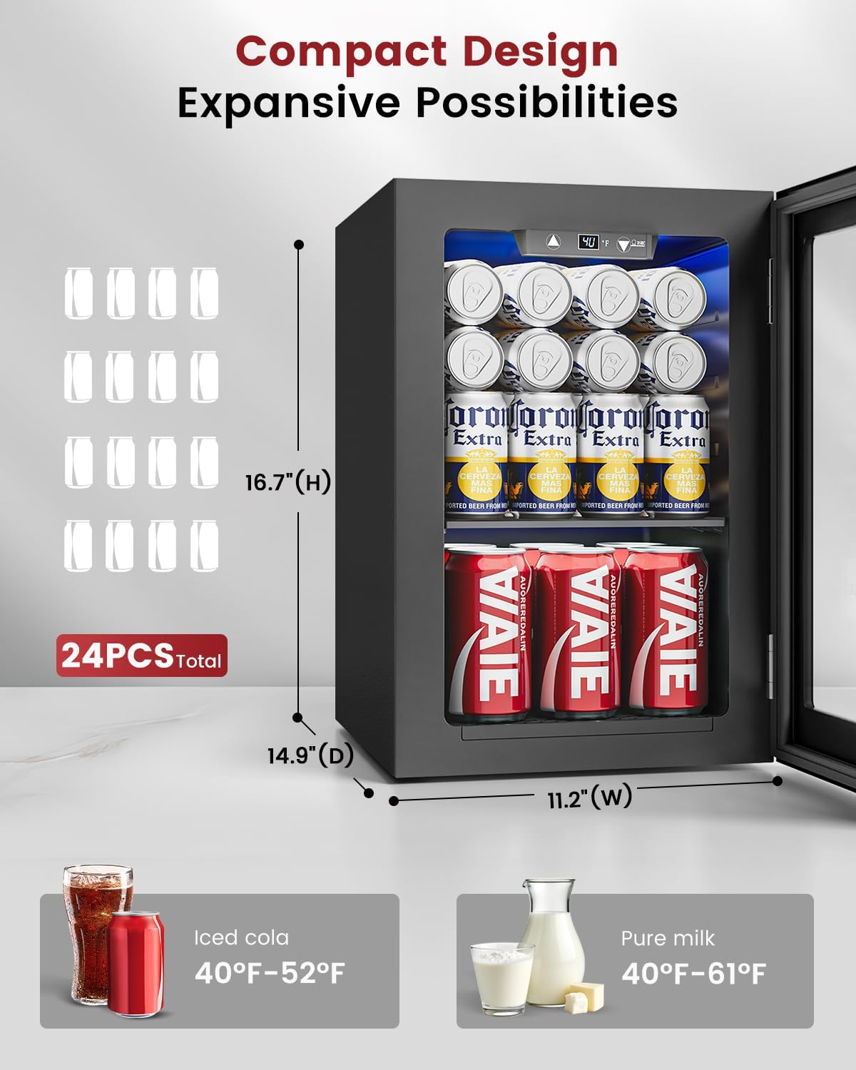 Feelfunn 24 Cans Beverage Refrigerator Cooler - Mini Fridge with Digital Temperature Control, Soda Wine Beer Drink Fridge - Small Refrigerator for Office Home Bedroom Dorm Bar, Black