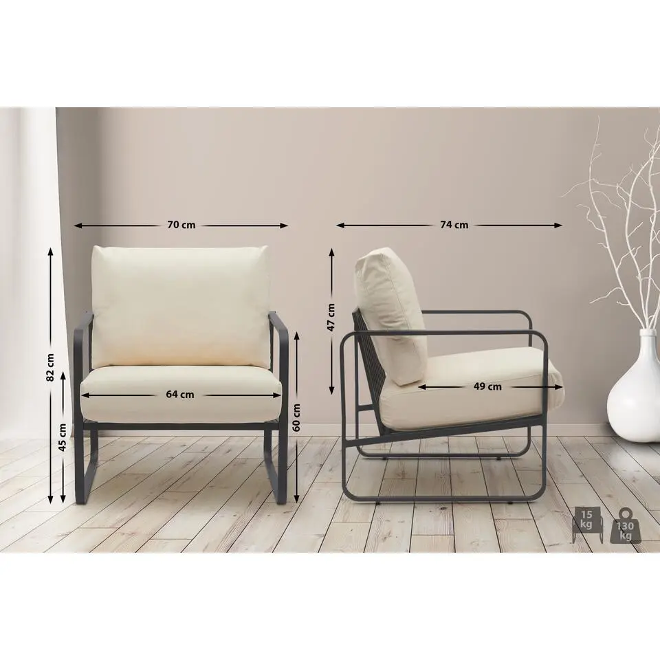 CLP Lounger Manea zwart Frame - Kunstleer - creme