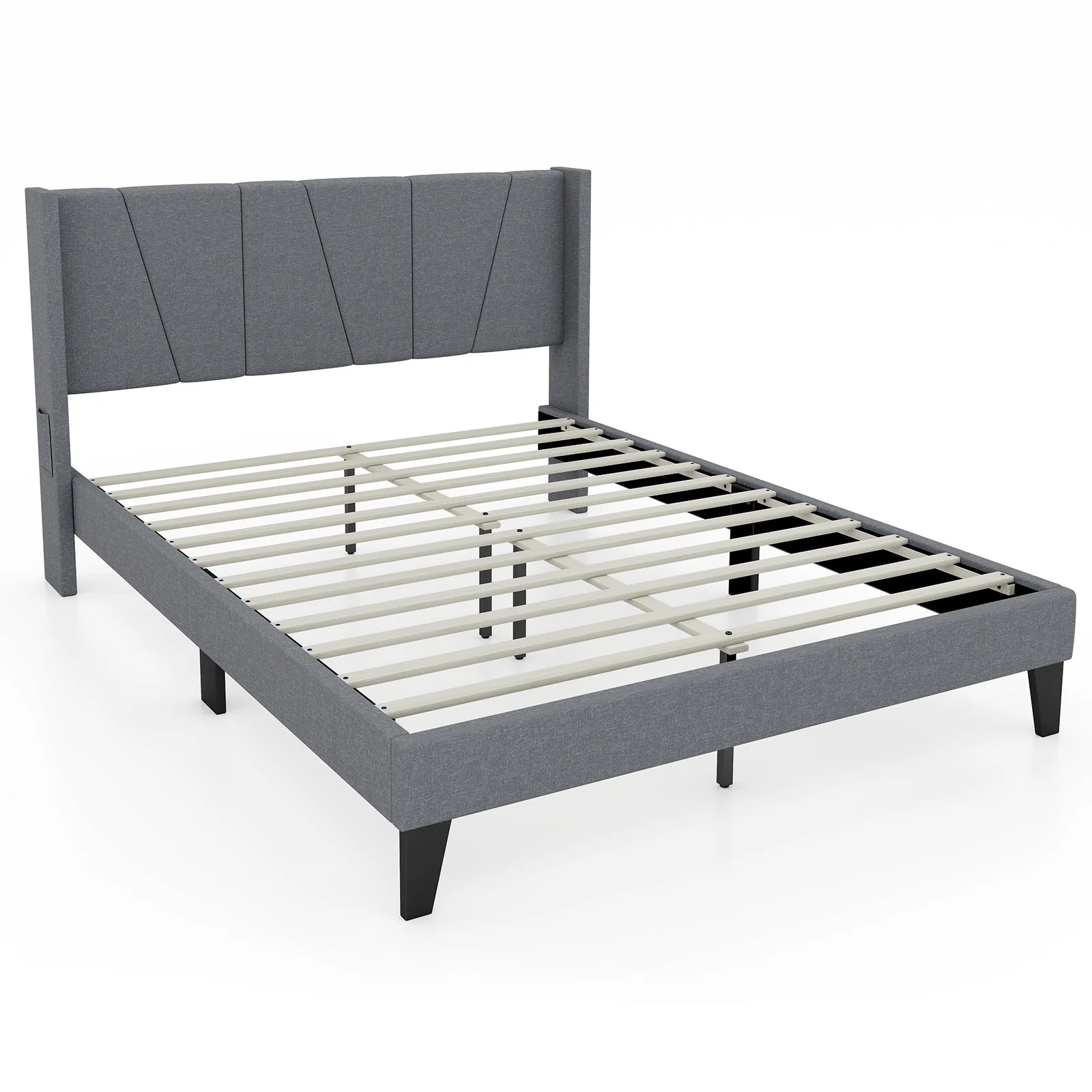 Gymax Queen Size Upholstered Bed Frame w/ Elastic Pockets Mattress