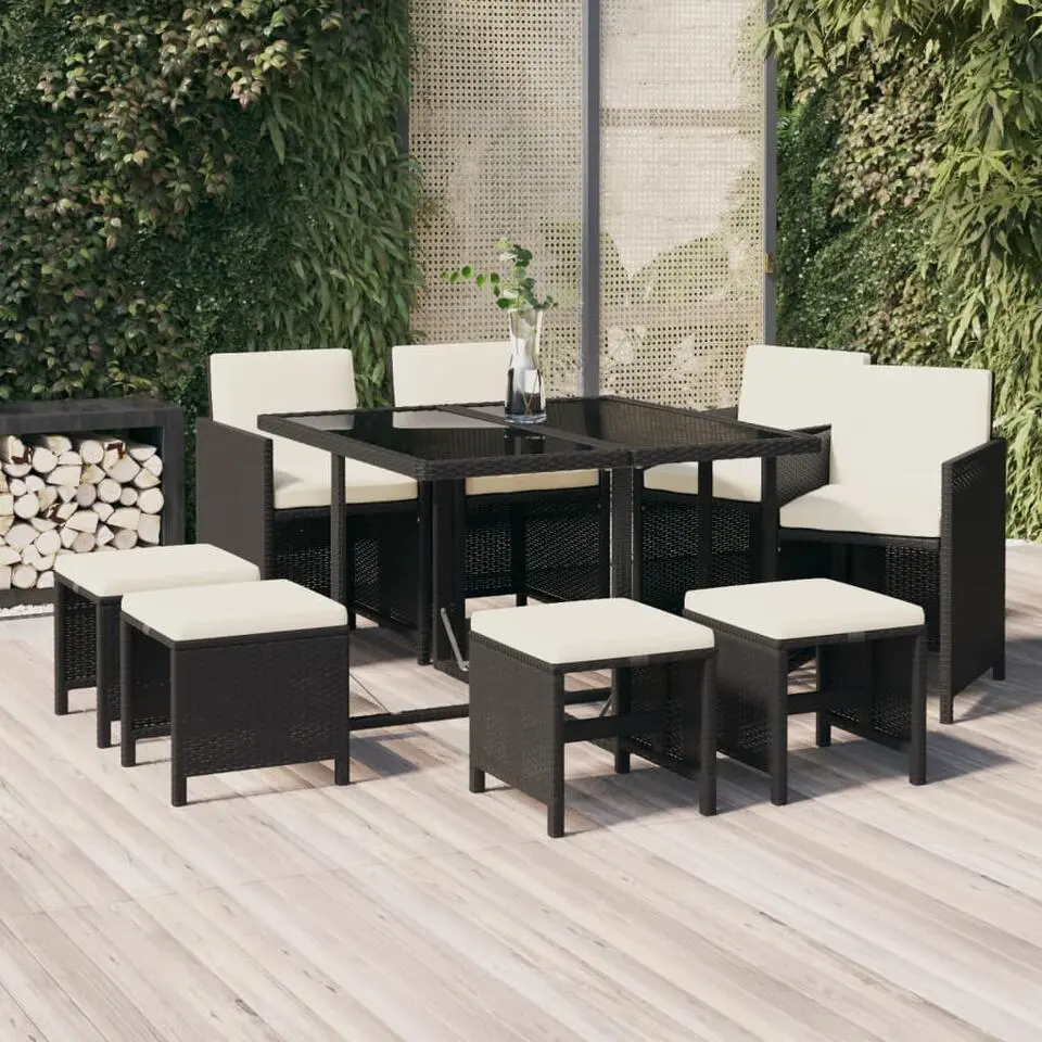 vidaXL - 9-delige Tuinset wit kussens 4 4 1 - Zwart poly rattan - 109x107 cm