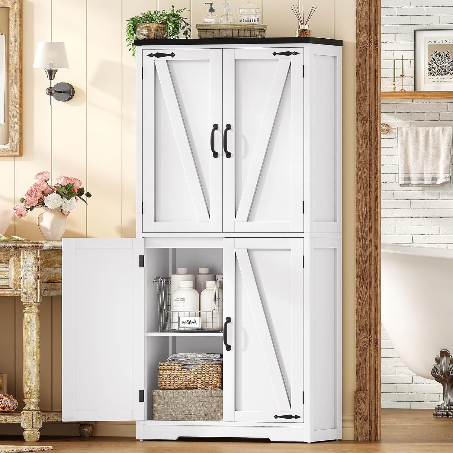 TEENFON 58 H Storage Cabinet with Adjustable Shelf, Farmhouse Kitchen Pantry Cabinet, Bathroom Cabinet with 4 Doors, Cupboard for Kitchen, Bathroom, Living Room, White