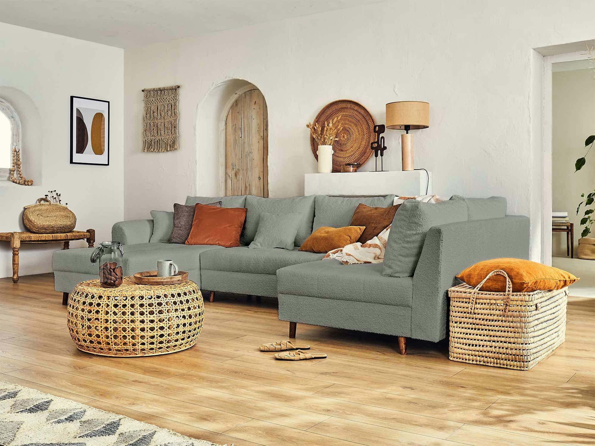 RUNE - Canapé d'angle droit 7 places en tissu bouclette gris