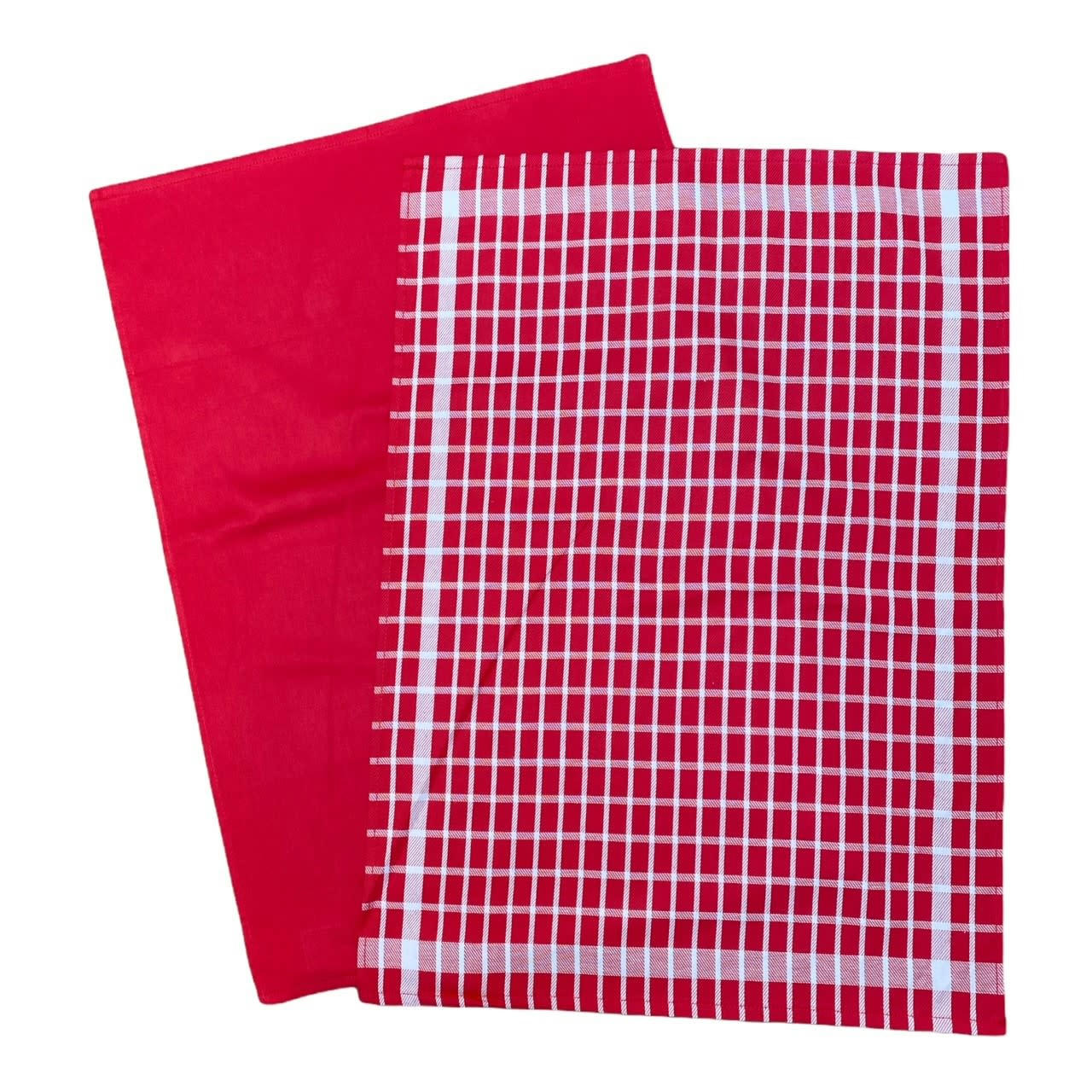 Carreaux classiques - Deux Duos torchons assortis bicolores carreaux rouges 50 x 70