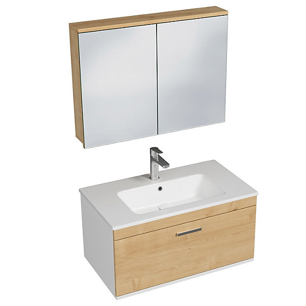 Meuble salle de bain simple vasque RUBITE 1 tiroir Chêne clair L. 80 cm   miroir armoire - Saniverre