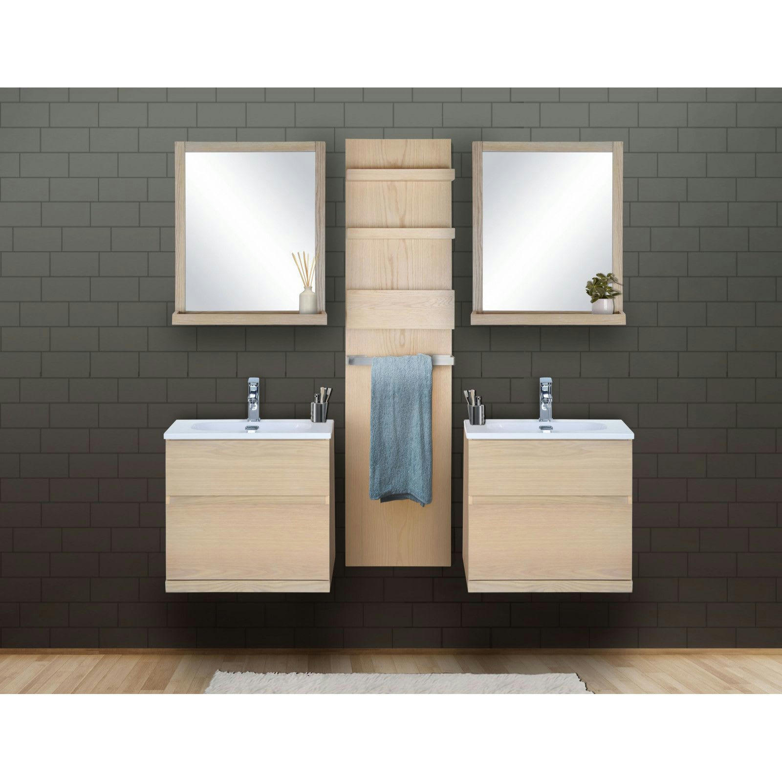ENIO - Meubles salle de bain avec vasques, miroirs, colonne effet bois clair