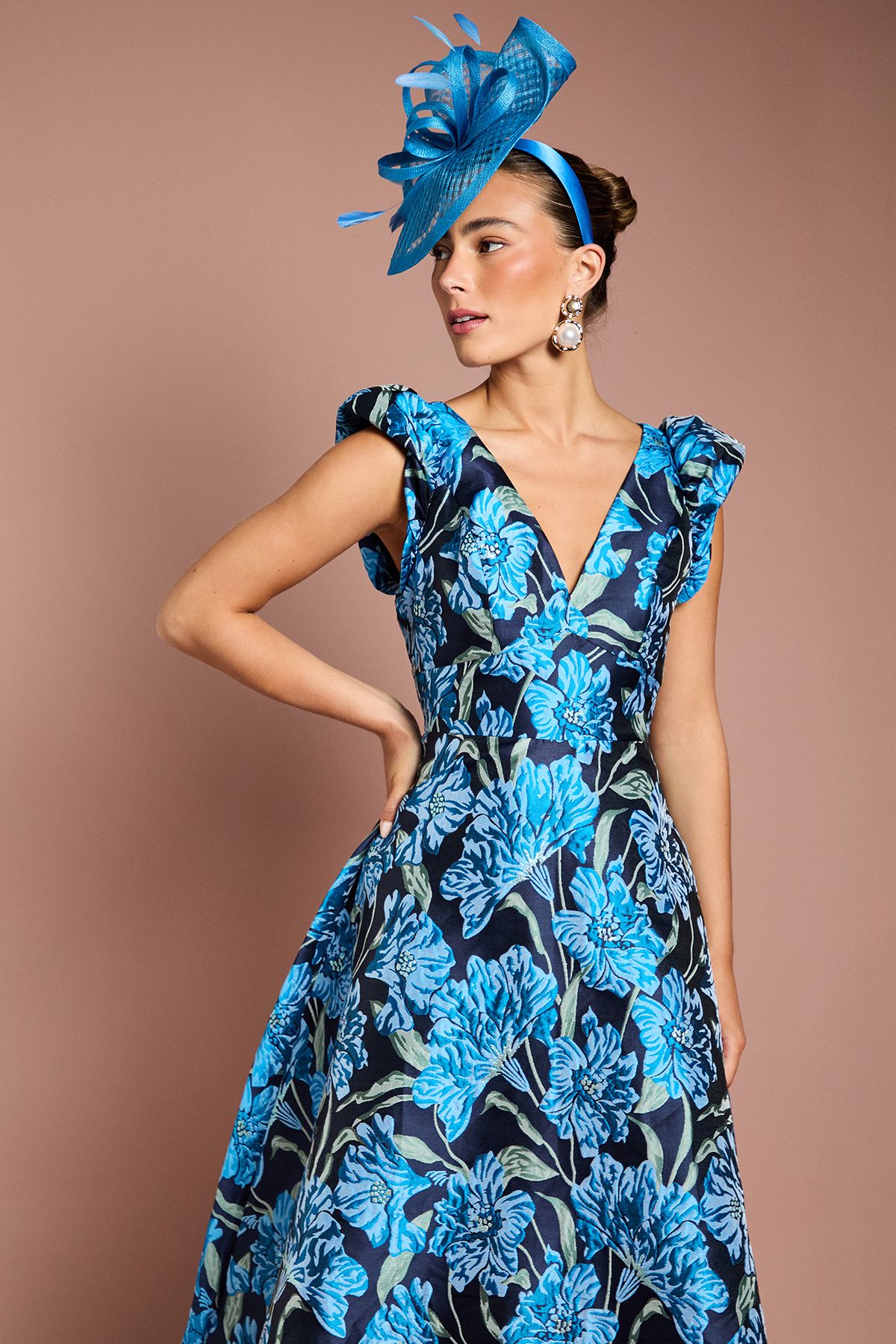 Coast V Neck Floral Jacquard Midi Dress