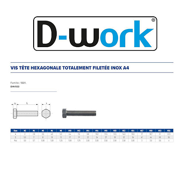 100 Vis Métaux Tête Hexagonale F/Total 10 x 70 mm - DIN 933 - Inox A4 - D-Work