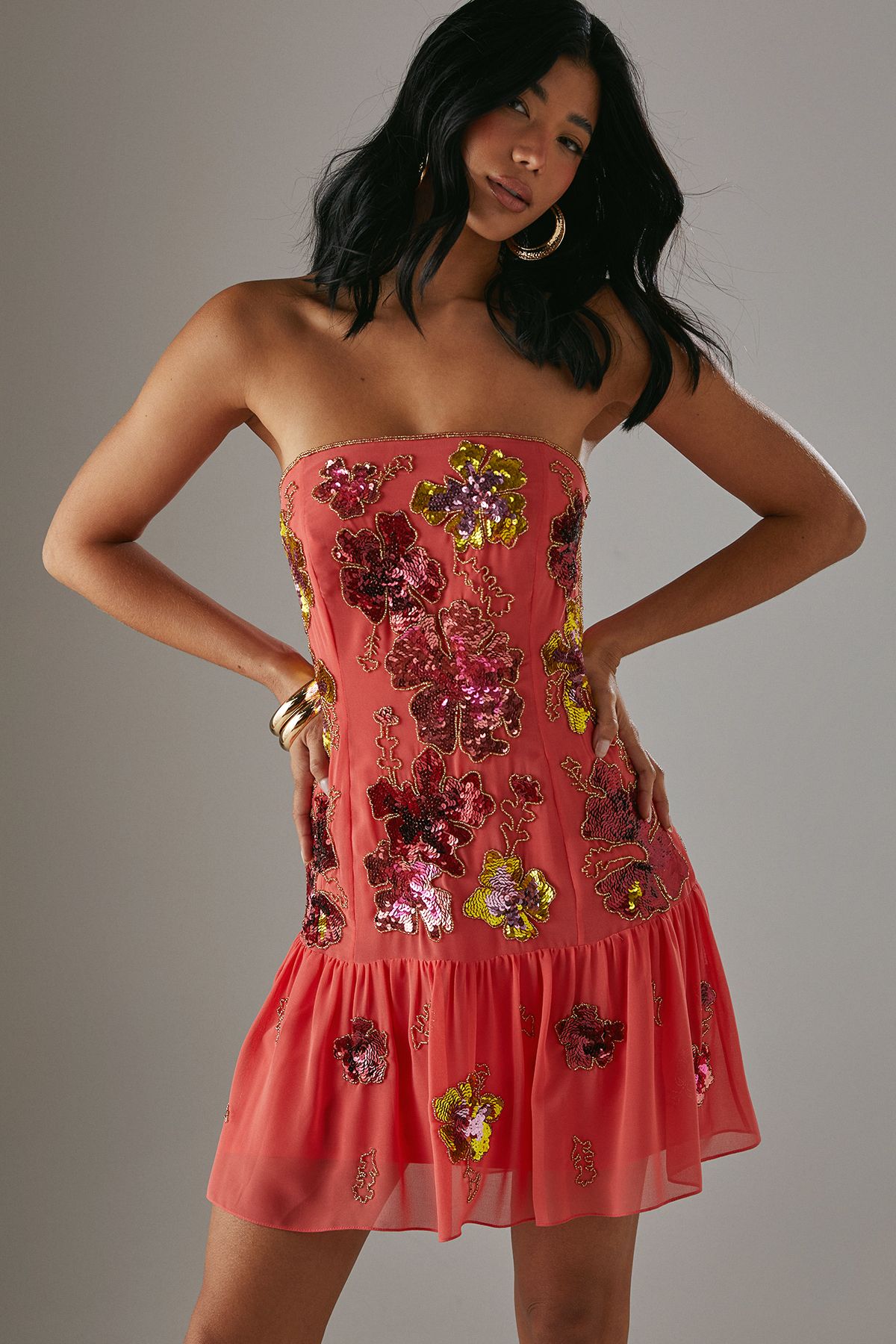 Warehouse Hand Embellished Sequin Structured Bandeau Drop Hem Mini Dress