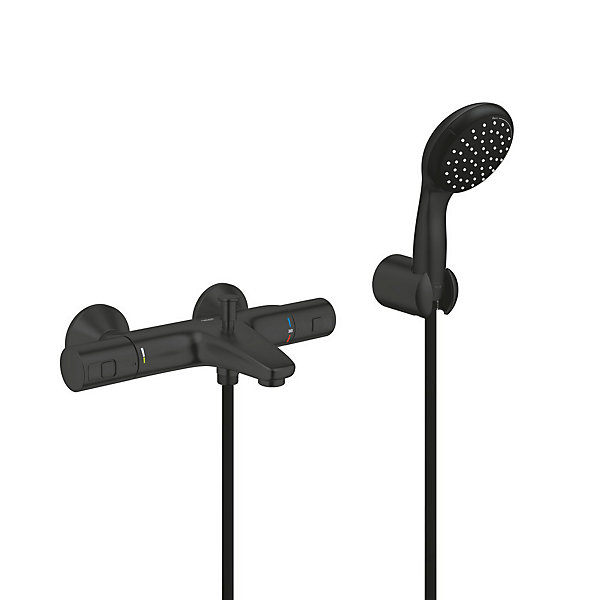 Grohe Set de douche mitigeur bain/douche thermostatique   Douchette 2 jets   support mural   Flexible 1750 mm, noir mat