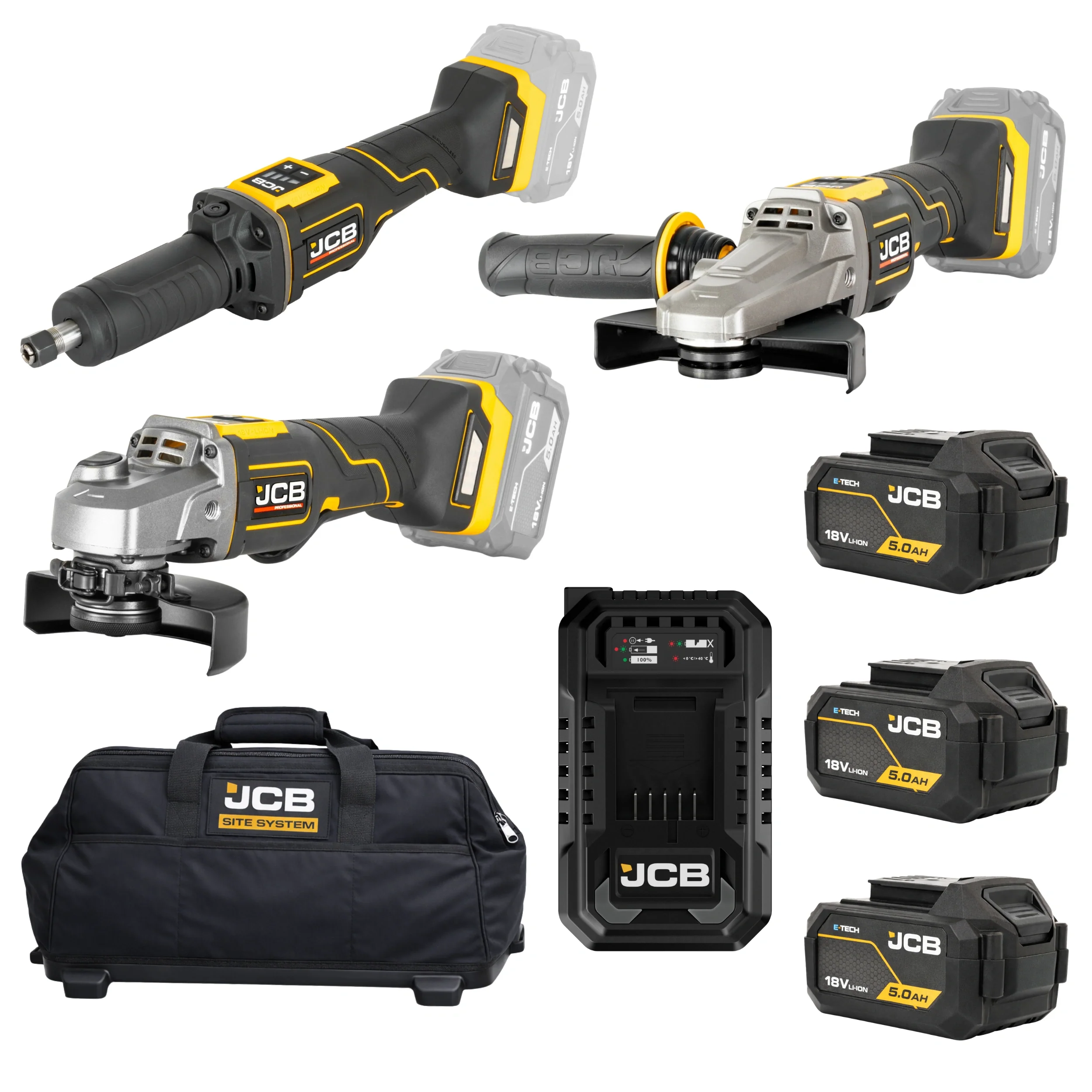 JCB Professional Zestaw Szlifierki 2x Kątowa 125mm + Trzpieniowa 18V Baterie 3x 5,0Ah Ładowarka Torba