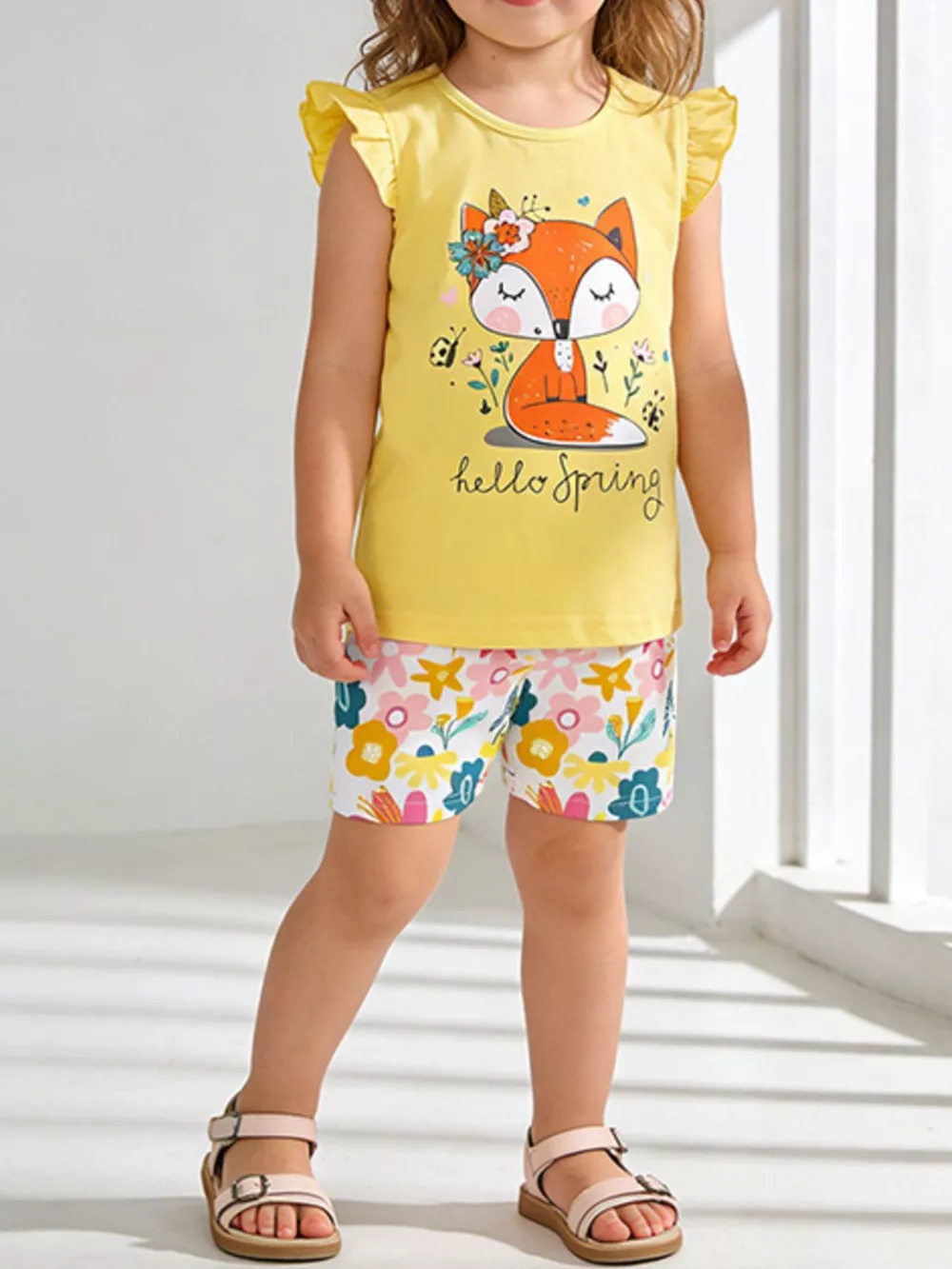 Children's Fox Graphic Ruffled Top and Shorts Set