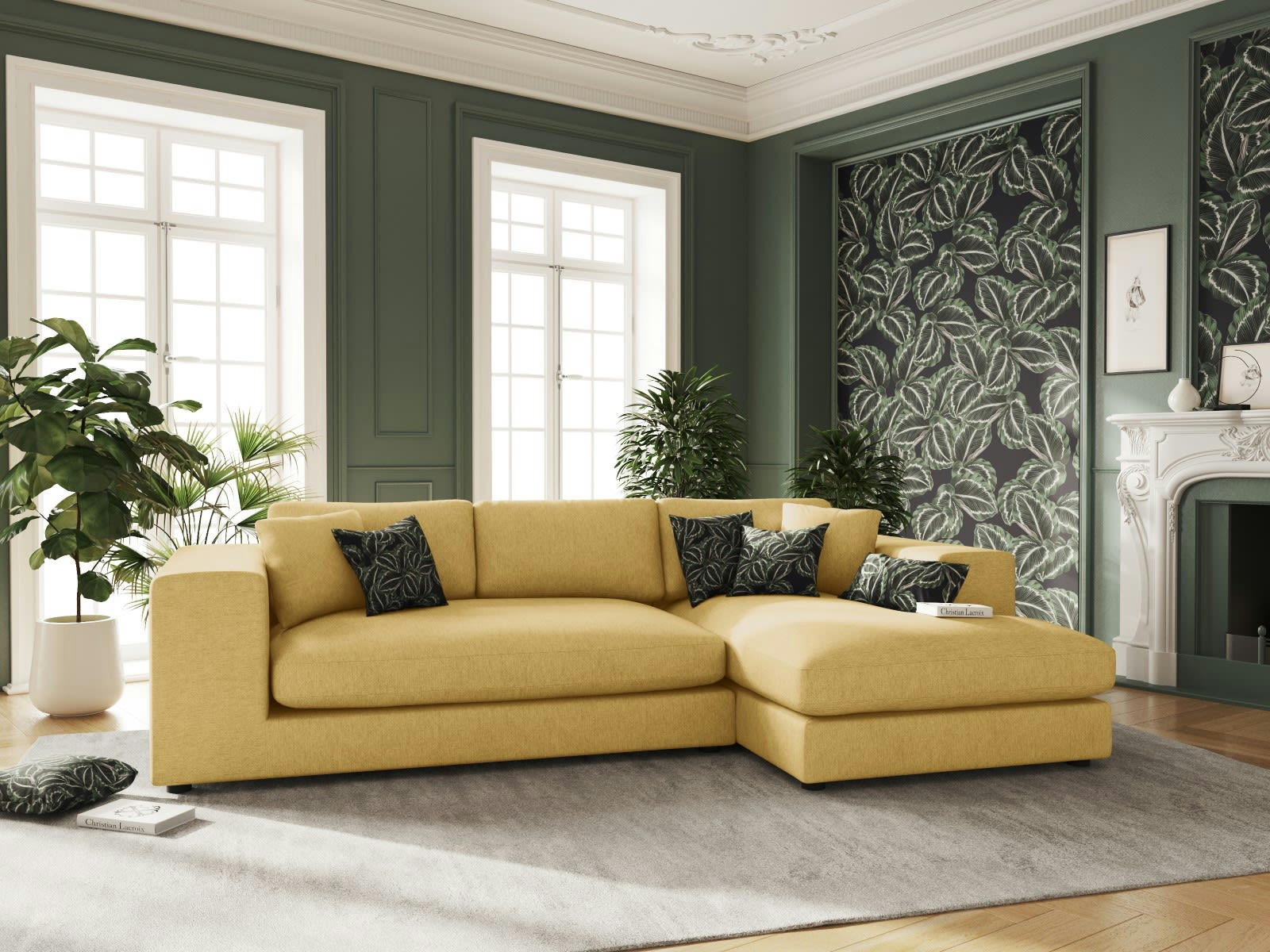 TENDANCE - Canapé d'angle 5 places en tissu structuré jaune