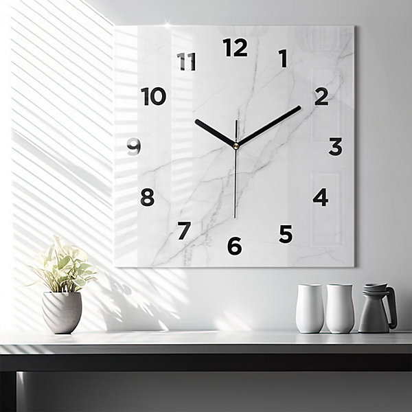 Horloge murale Wallfluent 60x60 cm Avec chiffres Aiguilles noires Marbre décoratif 1 pcs