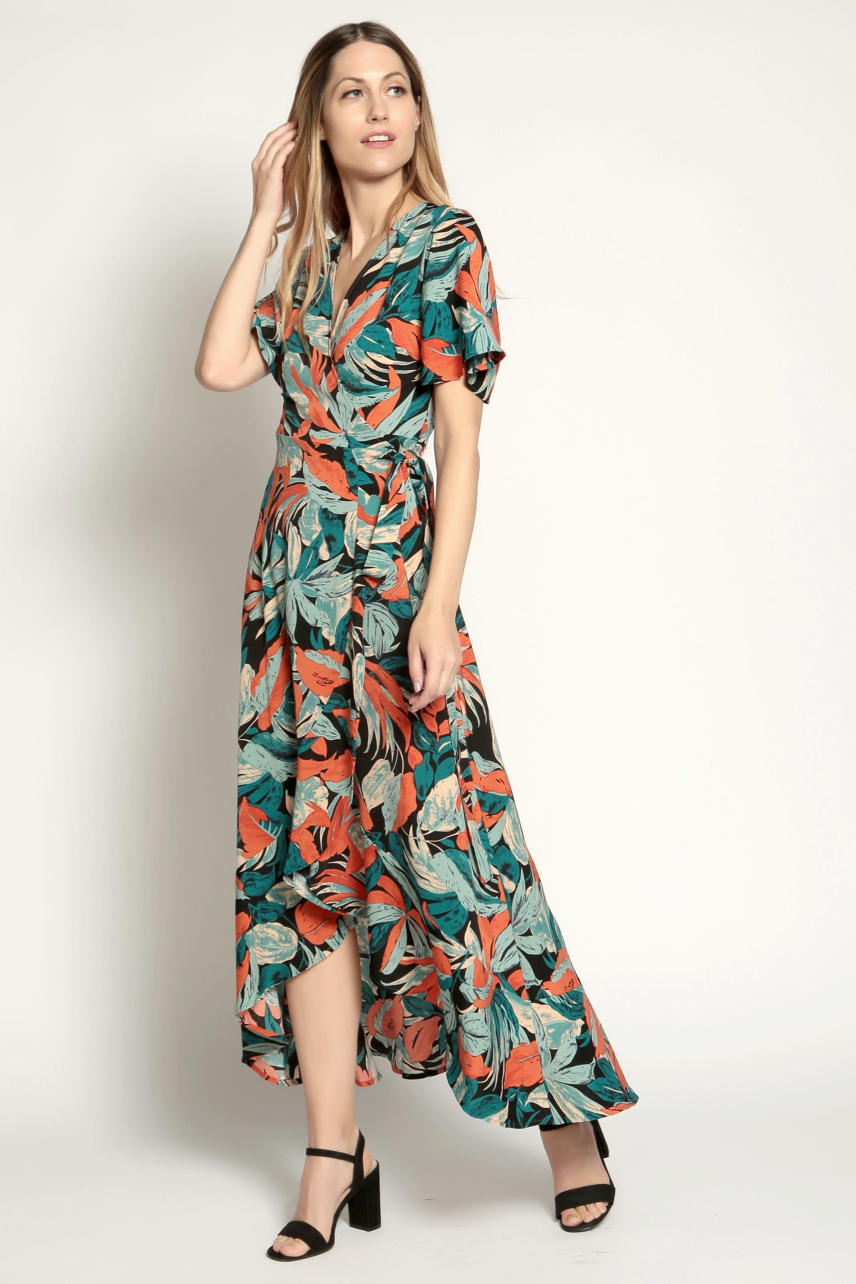Cutie London Leaf Print Ruffle Wrap Dress
