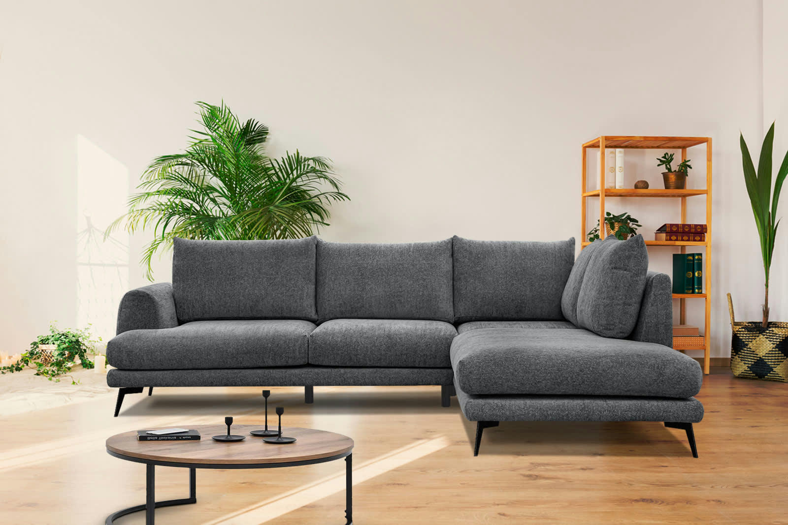 ADRIA - Canapé d'angle droit 5 places tissu gris foncé