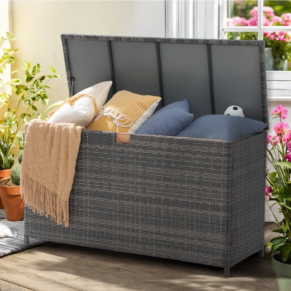 160 Gallon Outdoor Wicker Storage Box Resin Black Rattan Deck Bin for Patio Gardening Tools - 51.2*20*29Inch