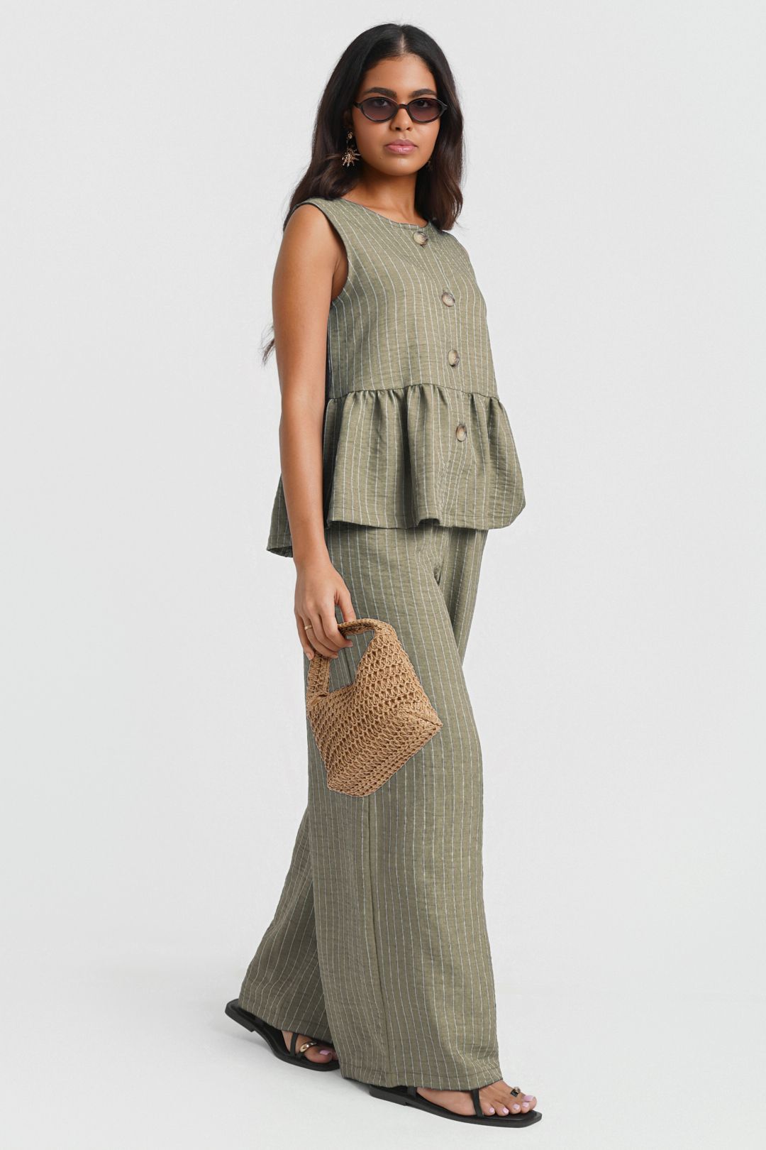 Needs No Label Khaki Stripe Wide Leg Trousers