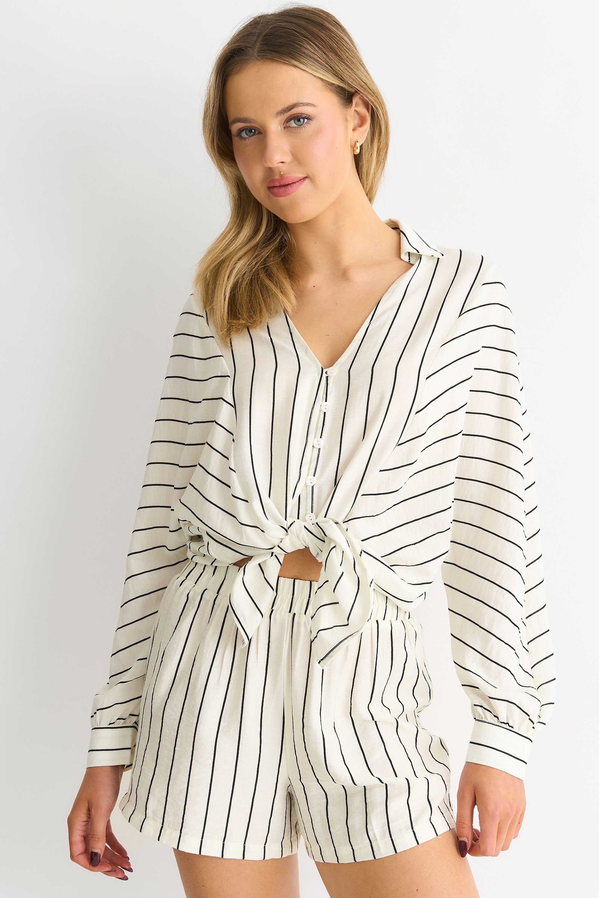 Gini London Cream Long Sleeve Batwing Stripe Shirt