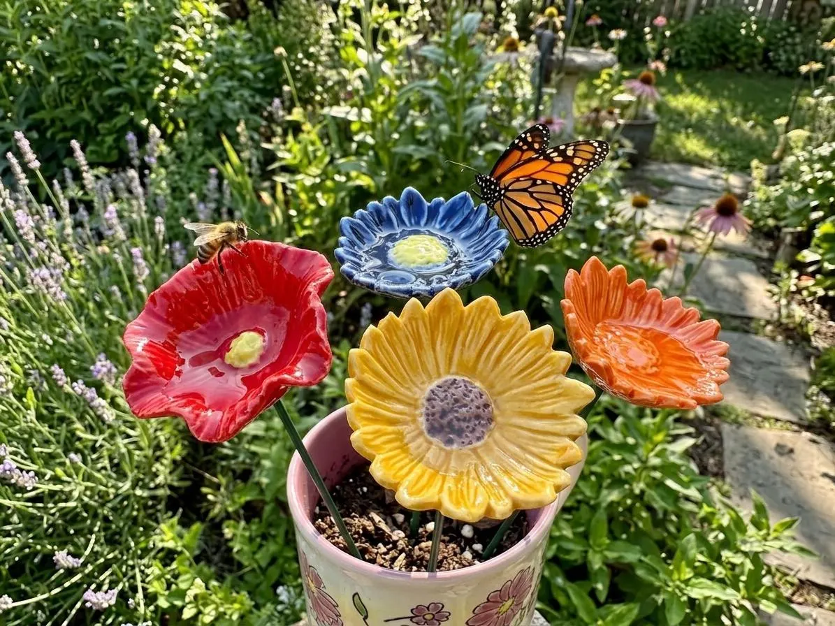 4 Pack Ceramic Flower Bee Water Station | Garden Art, Pollinator Landing Pads