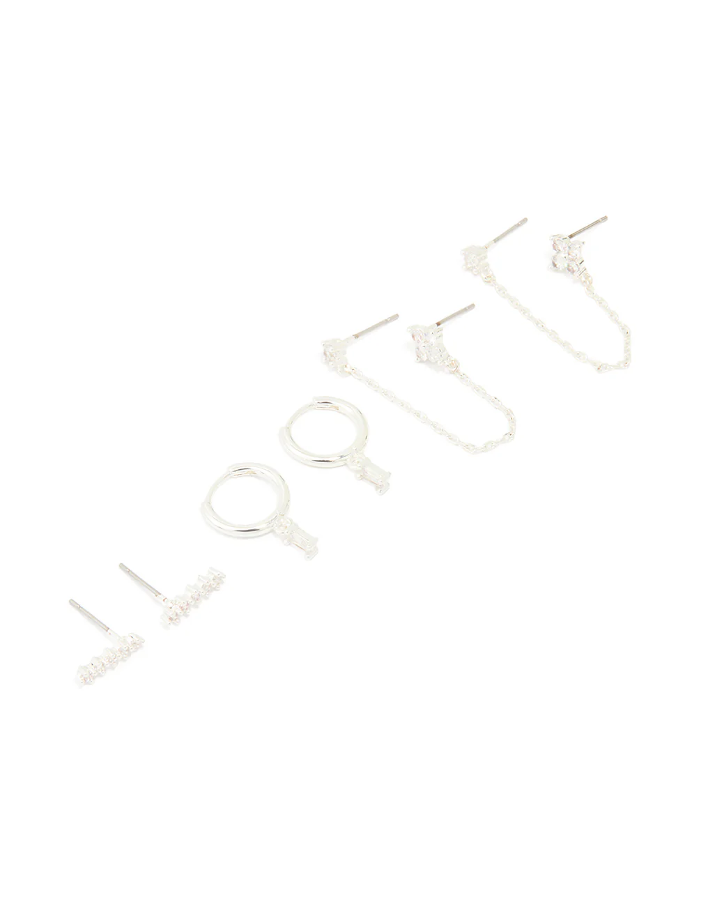 Silver Plated Brass Cubic Zirconia Chain & Stud Earrings 3-Pack