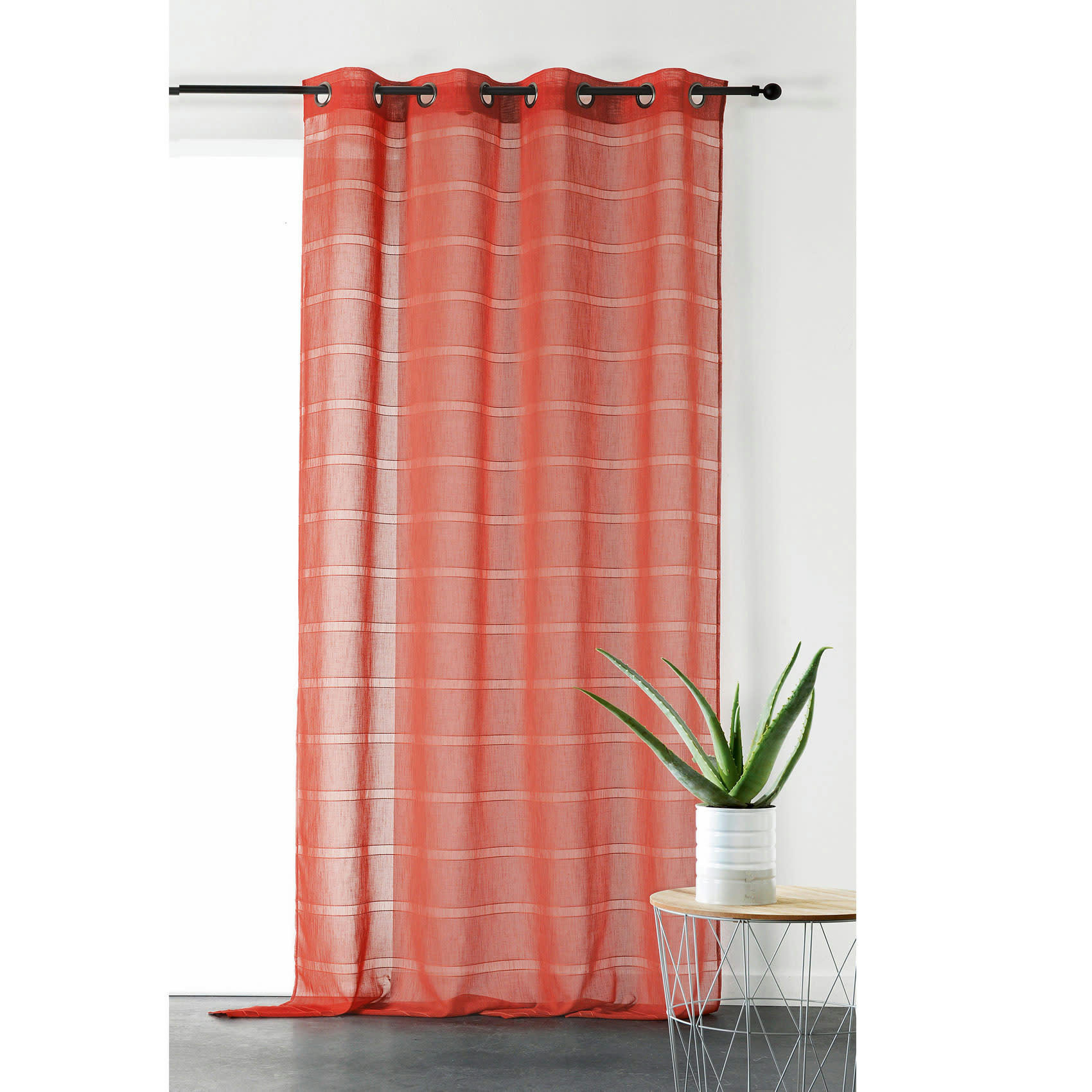 - Voilage rayé et tamisant cordelette polyester terracotta 140x250 cm