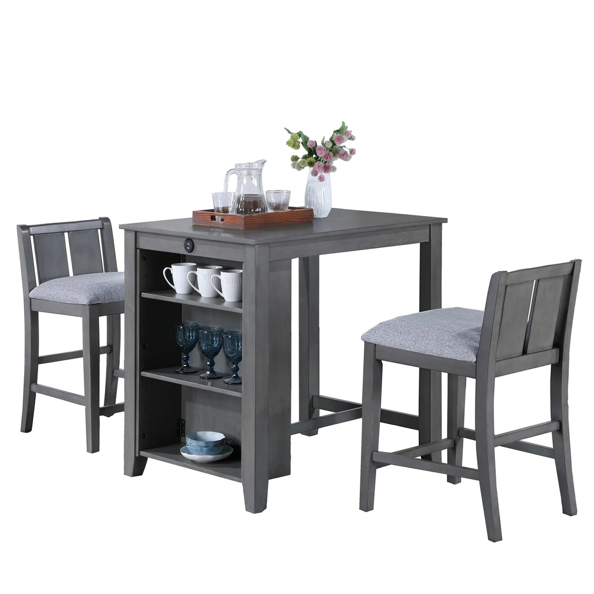 3-Piece Counter Height Dining Table with Shelves and 2 Chairs