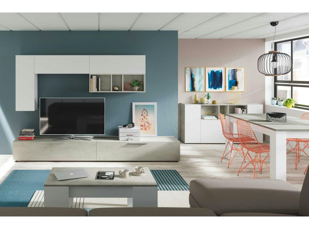 JOHN - Buffet blanc/béton avec 3 portes et 3 niches L150cm