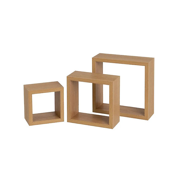 Lot de 3 étagères cube mural effet bois coloris Chêne miel - Longueur 25 x Largeur 25 x Hauteur 9 cm