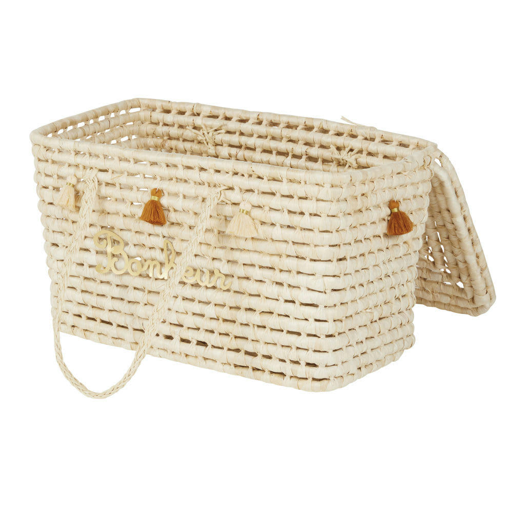 BONHEUR - Malle en fibre végétale tressée beige, dorée et marron
