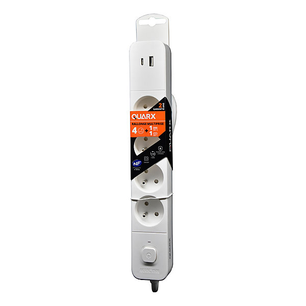 Multiprise avec interrupteur 4 prises 2 pôles   terre   USBC Quarx blanc 1.5 m