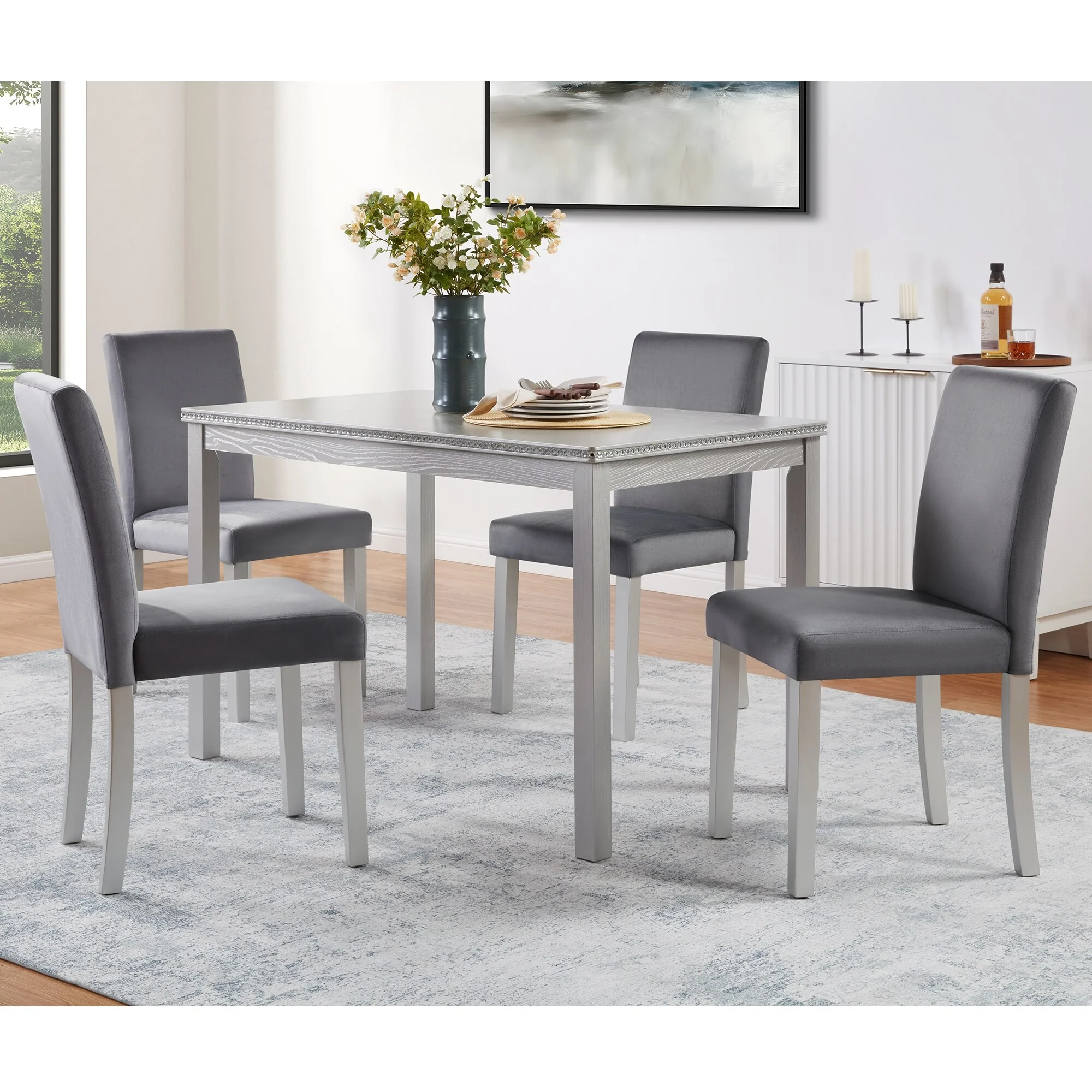 5-Piece Kitchen Dining Table Set for 4, Crystal Decoration Rectangular Kitchen Table with 4 Upholstered Chairs, for Small Space