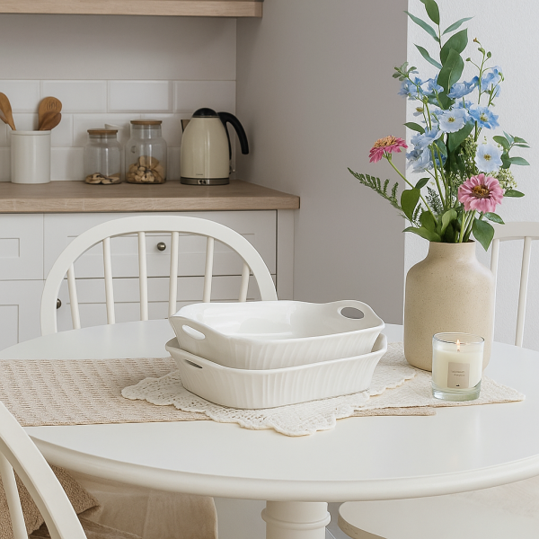 Zestaw 2 prostokątnych naczyń do zapiekania górna rączka porcelana