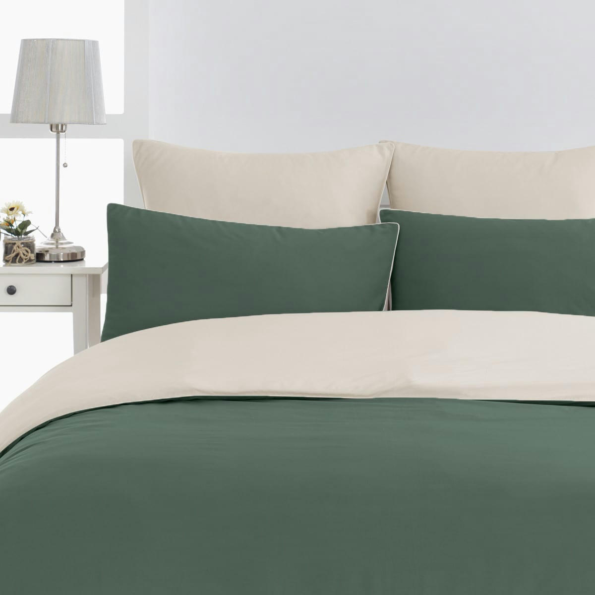 DOZMARY - Housse de couette bicolore percale coton Eucalyptus/Ficelle 260x240 cm