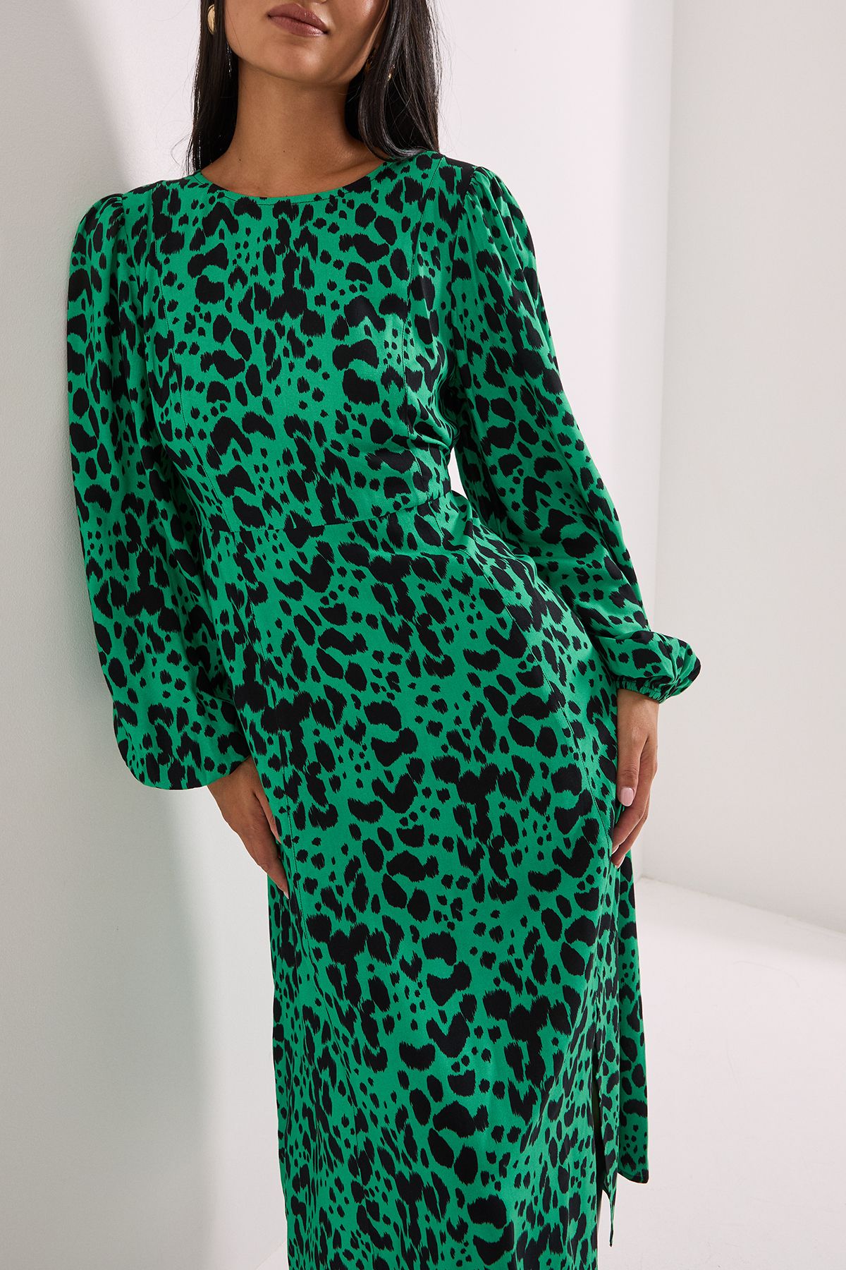 Dorothy Perkins Petite Green Animal Empire Seam Split Detail Printed Midi Dress