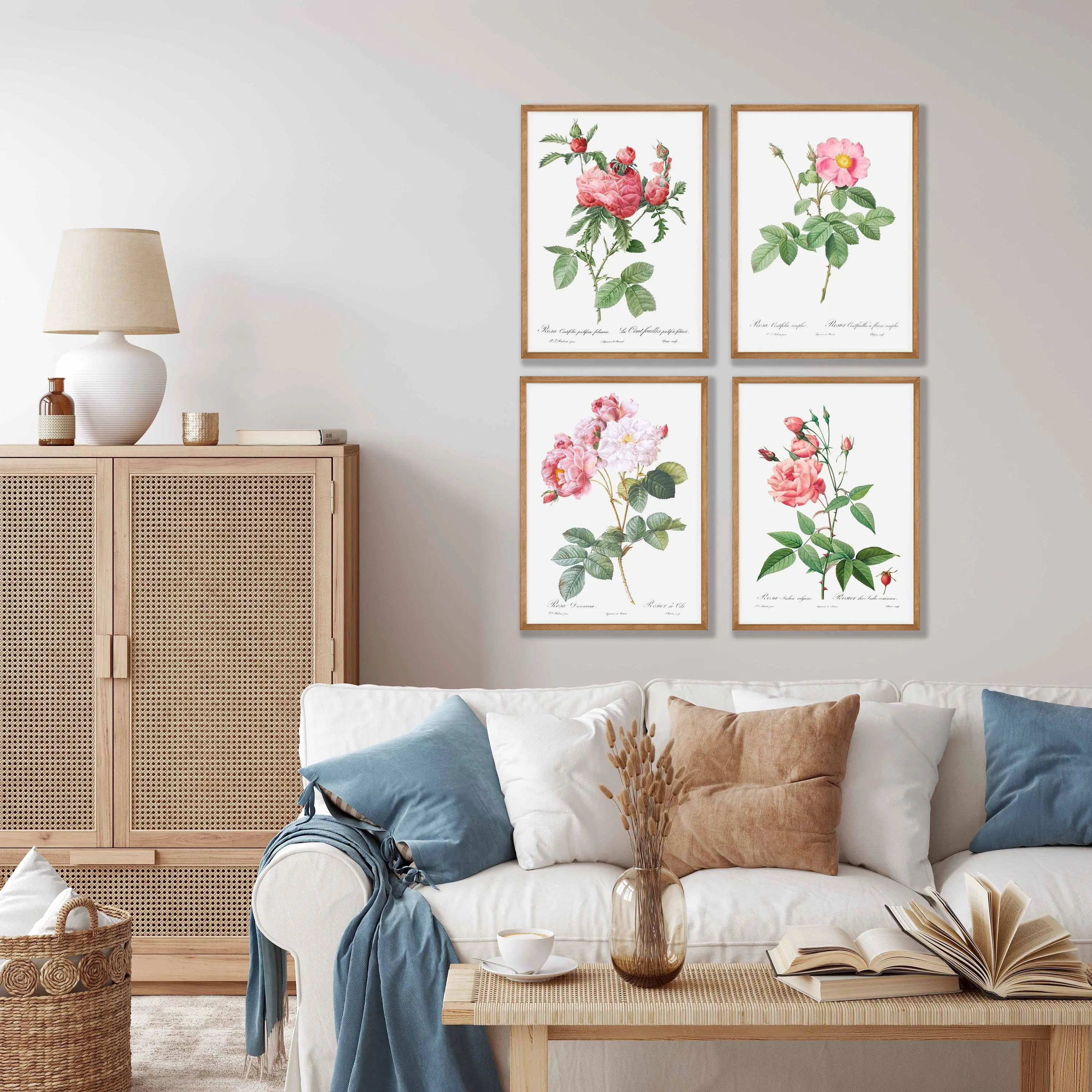 Vintage Pink Rose Botanical Prints Set of 4 - Botanical Wall Art, Cottagecore Decor (Digital Download)