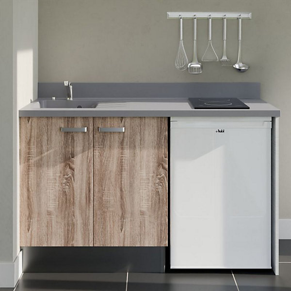 Kitchenette K17 - 140 cm - façades Bois - Plan monobloc en quartz coloris Cromo évier à gauche - Electroménager Blanc