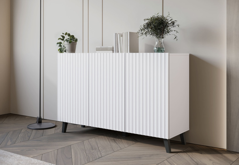 Niska komoda LOKET 120 cm biały/biały MDF z ryflowaniem M9