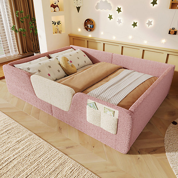 Lit enfant capitonné 140x190 cm - avec barrières de sécurité amovibles - avec sac de rangement - rose (matelas non inclus)