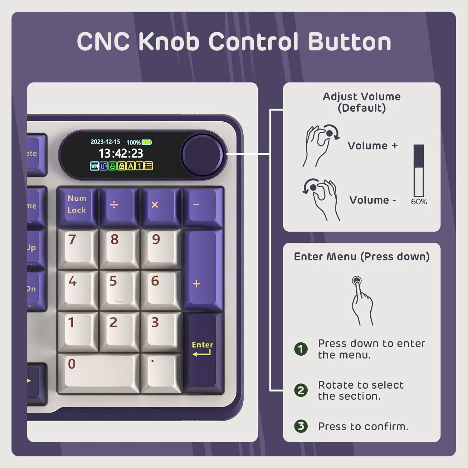 Mechanical Keyboard w/Smart Display  Knob, Top Mount 96% Wireless Mechanical Keyboard BT/2.4G/USB-C, Hot Swappable, Software Support, Creamy Sounding, 98 Keys(Linear Viridian Switch/Lavender Purple)
