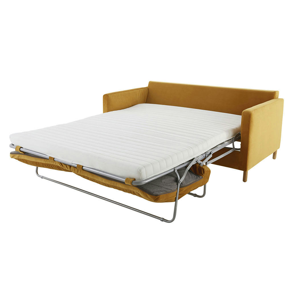 Julian - Canapé convertible 3 places en velours jaune moutarde, matelas 10 cm