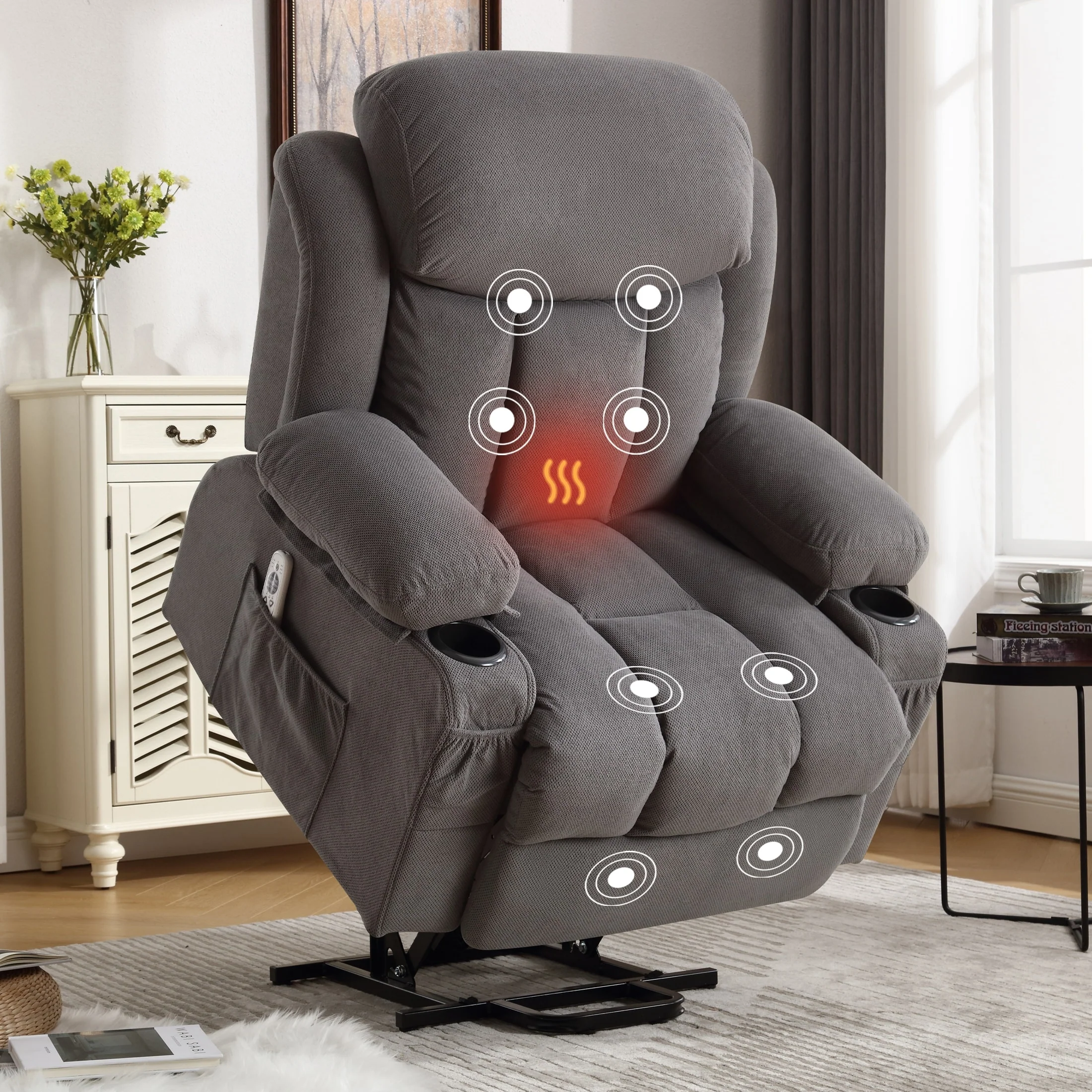 Power Lift Recliner with Heating, Vibration Massage, USB Charging, Remote Control & Storage Pockets for Seniors