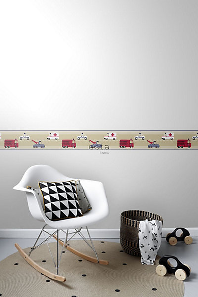 ESTAhome frise papier peint camions de pompiers et voitures de police beige, rouge et bleu 500 x 17.6 cm