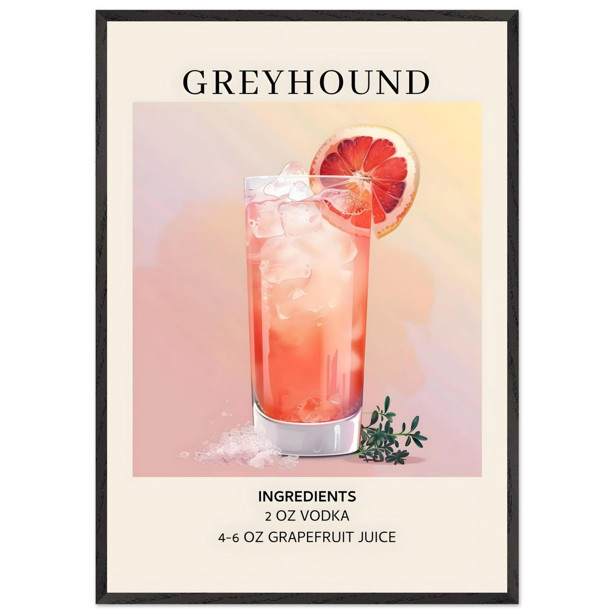 Artfulprints Poster met Lijst Greyhound cocktail - Ingrediënten  - 70x100 cm - Roze