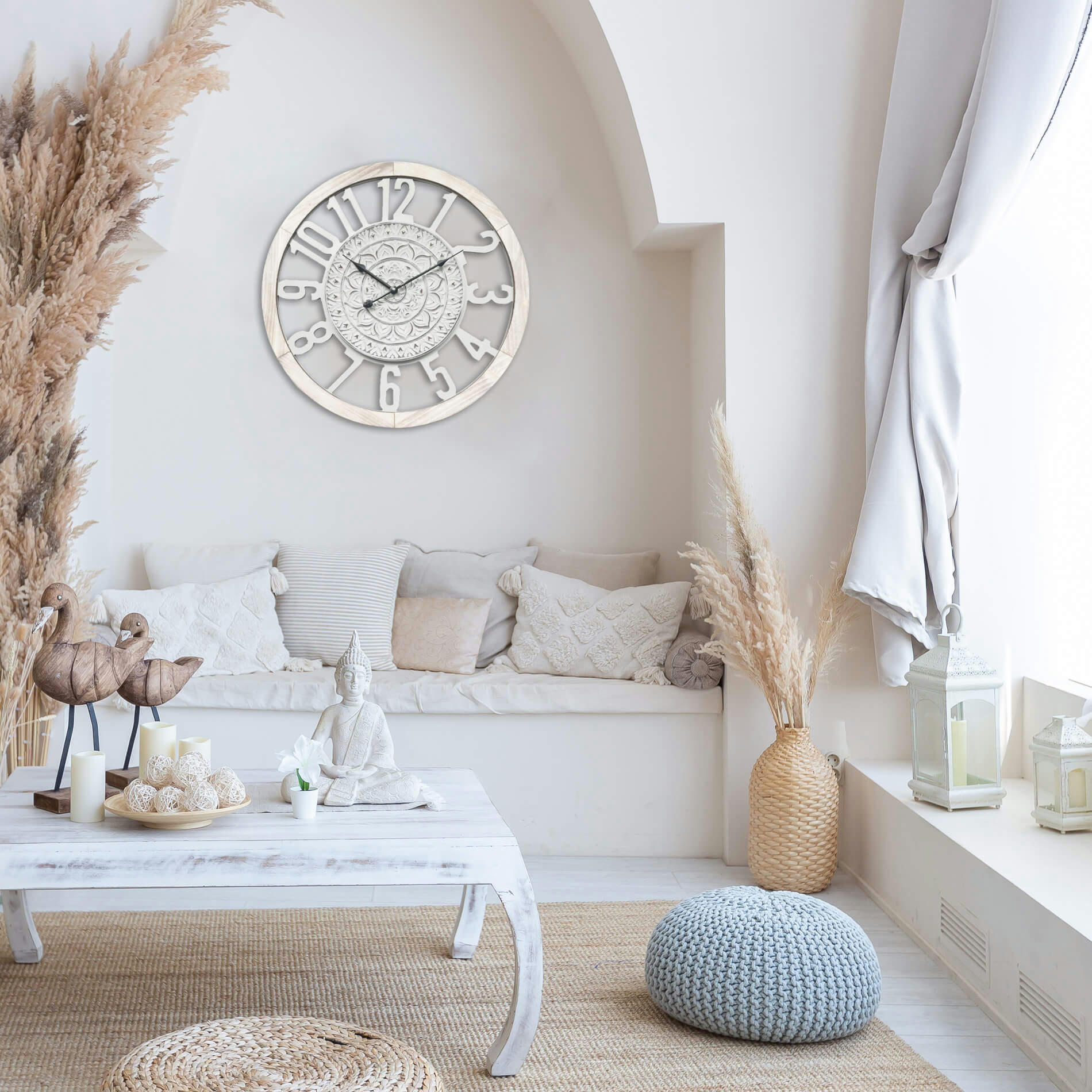 - Horloge murale effet bois sculpté blanc ø 55 cm