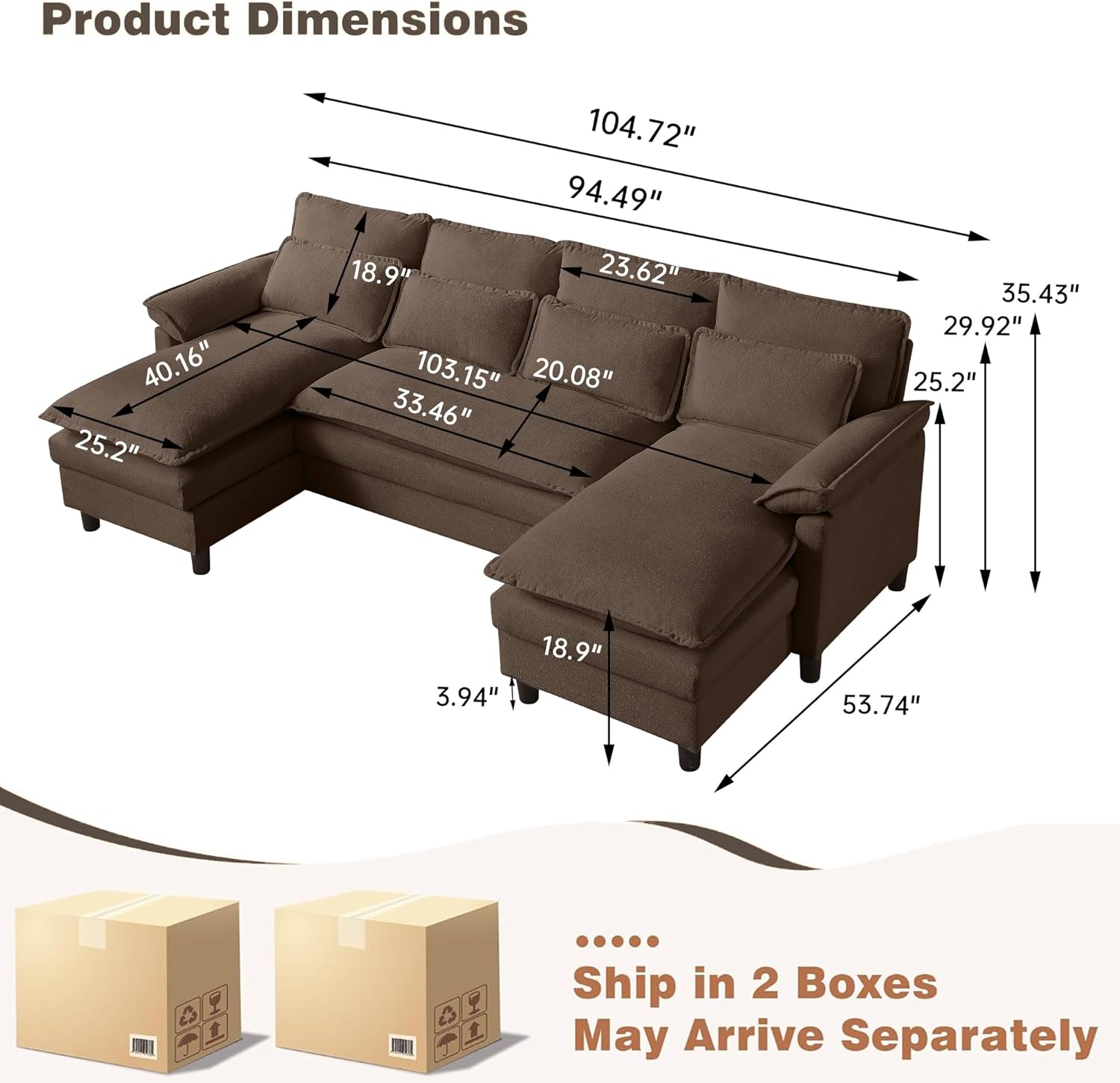 Comfy Cloud Couch Sectional Sofa with Lumbar Pillows, Modern U-Shaped Cloud Sofa with Double Chaise & Deep Seat 4 Seat Sectional Couch for Living Room, or Office, Easy Assembly, Dark Coffee