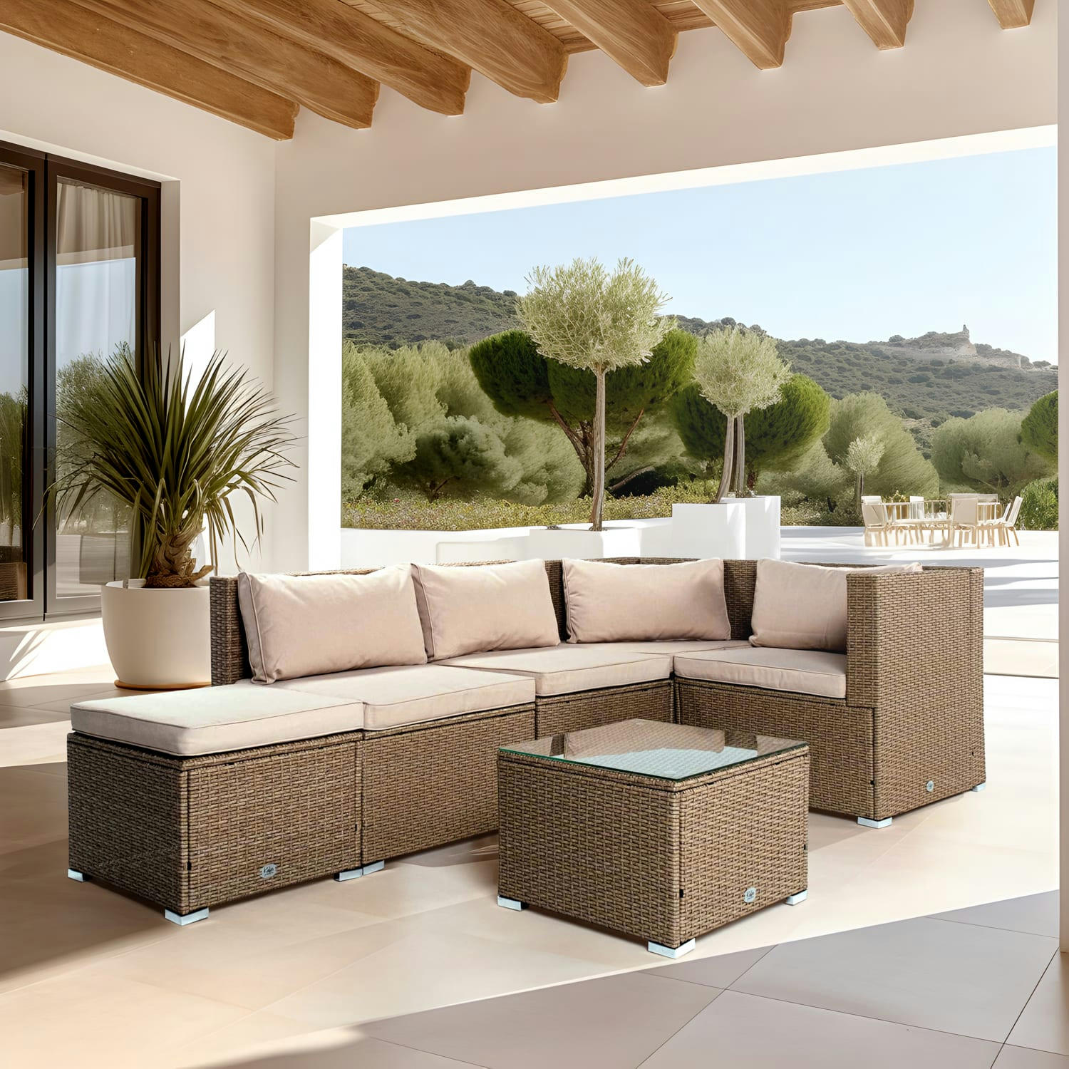 BAHAMAS - Salon de jardin Ensemble Quatre 5 Places Beige Rotin Synthétique