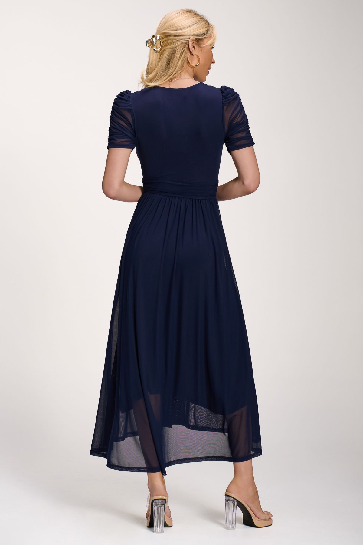 Jolie Moi Petite Mesh Ruched Sleeve Maxi Dress