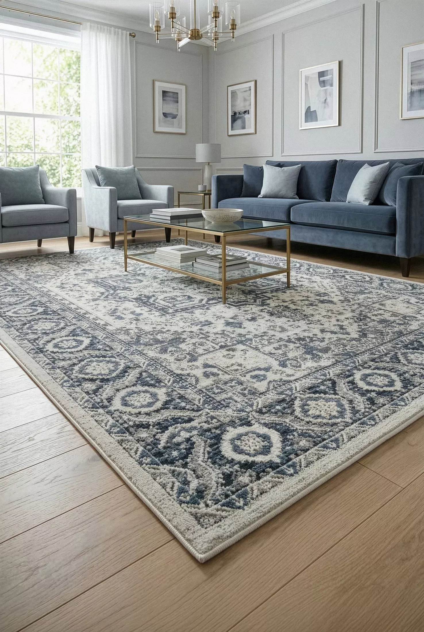 Dywan 80x150 cm niebiesko, kremowy z klasycznym wzorem w stylu vintage ELORA 2