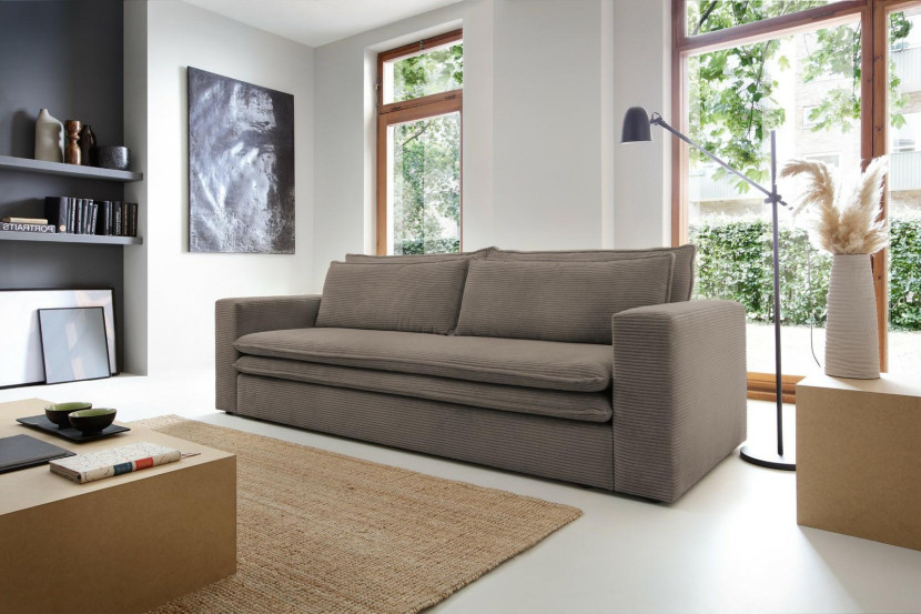 Sofa Ulnes z funkcją spania brązowa Poso pojemnik na pościel
